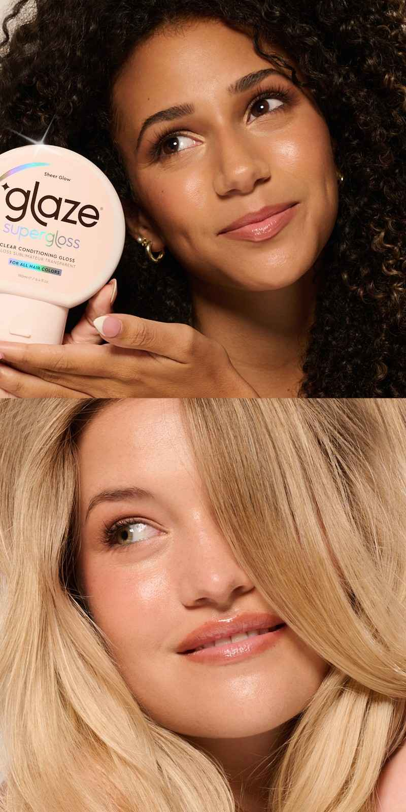 Woman holding a container of Glaze hair product with a close-up of hair texture below.